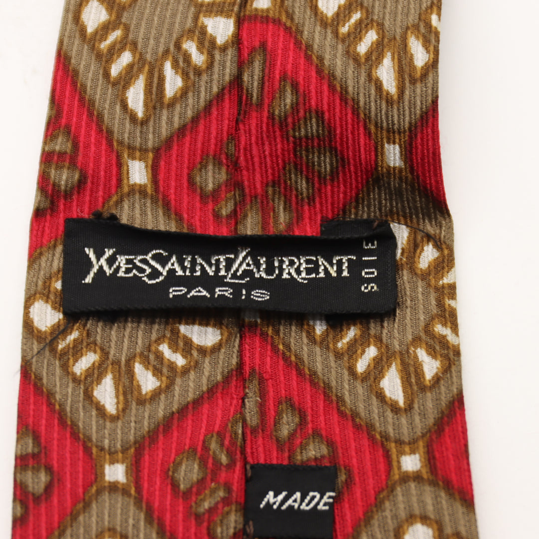 Yves Saint Laurent Paris Cravatta Uomo Vintage Rosso e Marrone 100% Seta